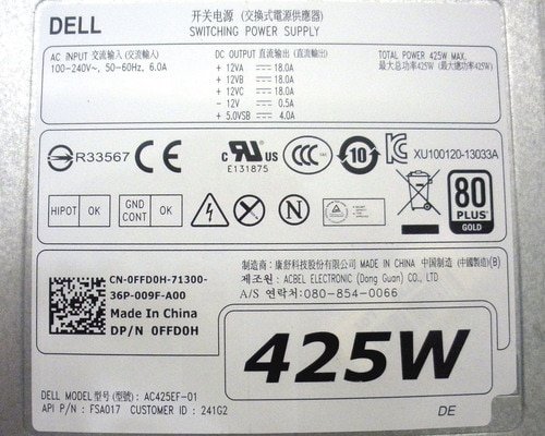 Dell FFD0H 425 Watt Desktop Power Supply for Precision T3610