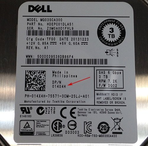 Dell 14X4H Toshiba MG03SCA300 3TB 7.2K Nearline SAS 3.5in 6Gb s Hard Drive