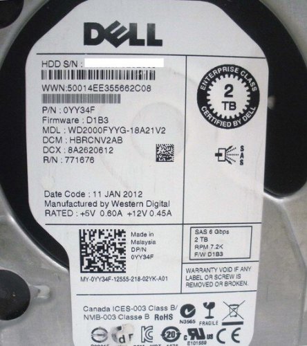 Dell YY34F Western Digital WD2000FYYG 2TB 7.2K Nearline SAS 3.5 6Gbps Hard Drive