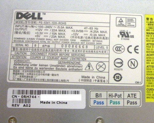 Dell RH744 PowerEdge 850 860 R200 Non-Redundant Power Supply 345W
