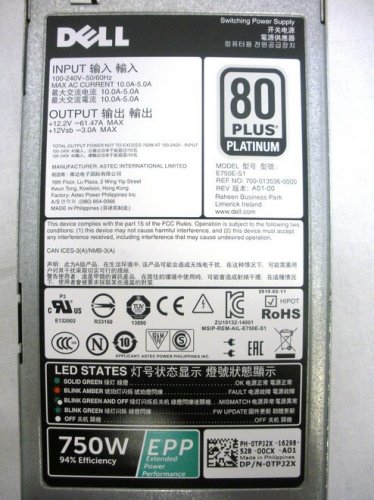 Dell TPJ2X 750W 80 Plus Platinum Power Supply PowerEdge