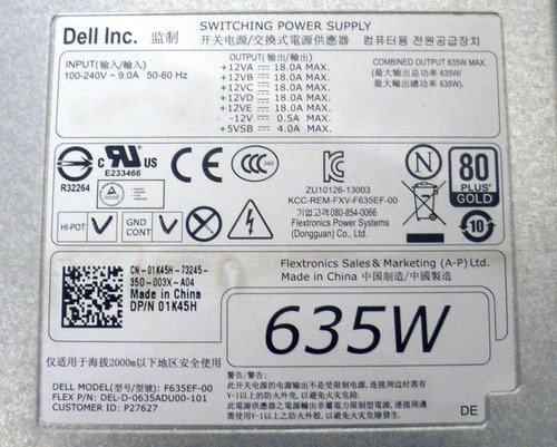 Dell 1K45H 635 Watt Power Supply