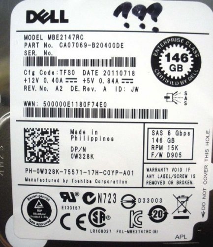 Dell W328K Toshiba MBE2147RC 146GB 15K SAS 2.5 6Gbps Hard Drive