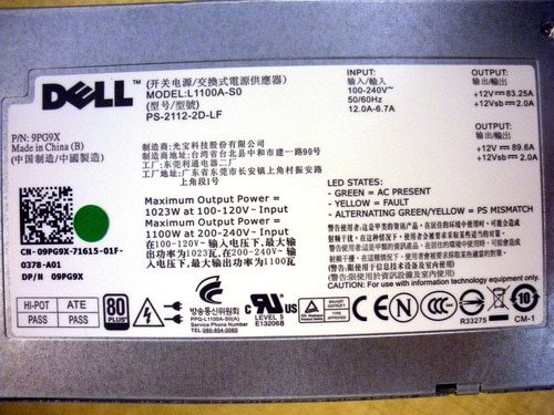 Dell 9PG9X PowerEdge R510 R810 R910 T710 Redundant Power Supply 1100W